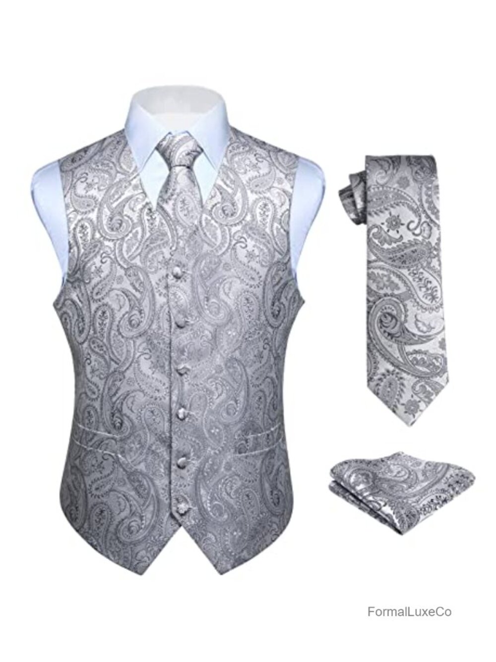 Mens 3PC Formal Vest Tie Set Paisley Jacquard Waistcoat Necktie Pocket Square